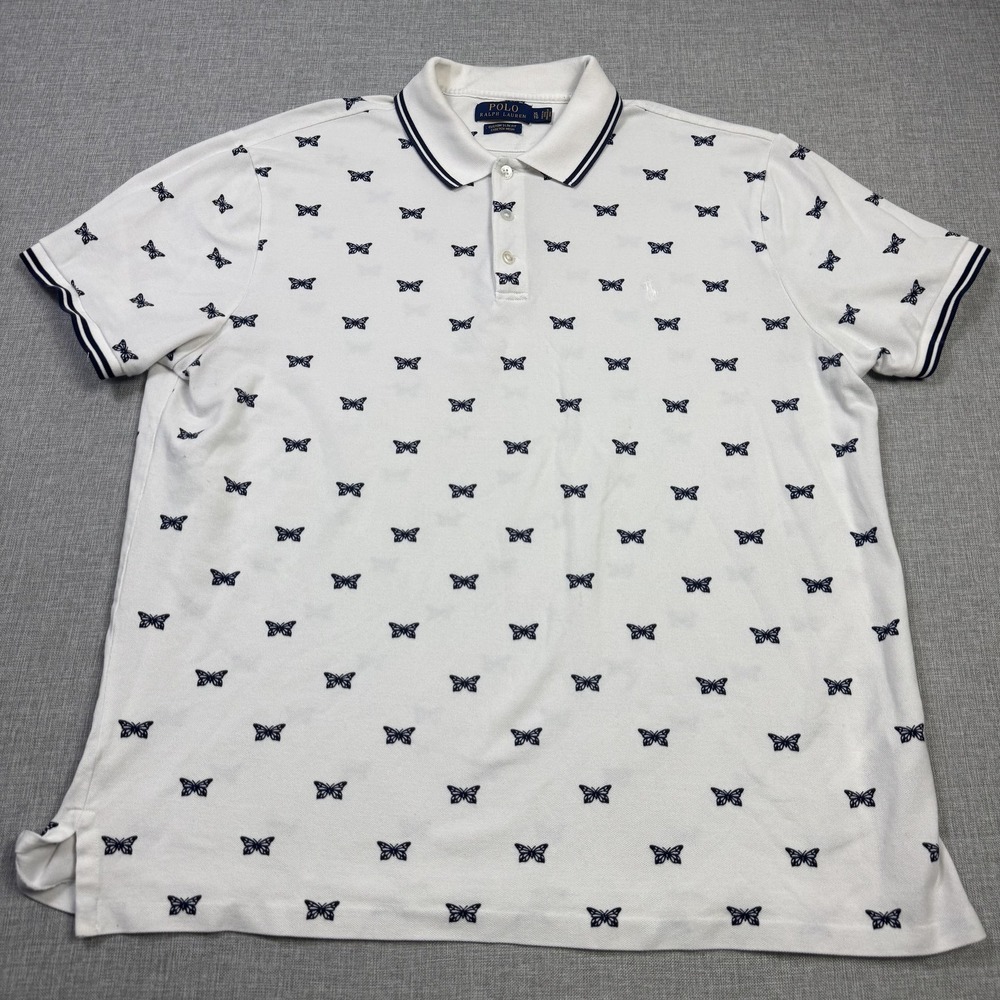 Polo Ralph Lauren Butterfly Pattern Polo Shirt Mens XL White Cotton Spandex - Picture 4 of 10